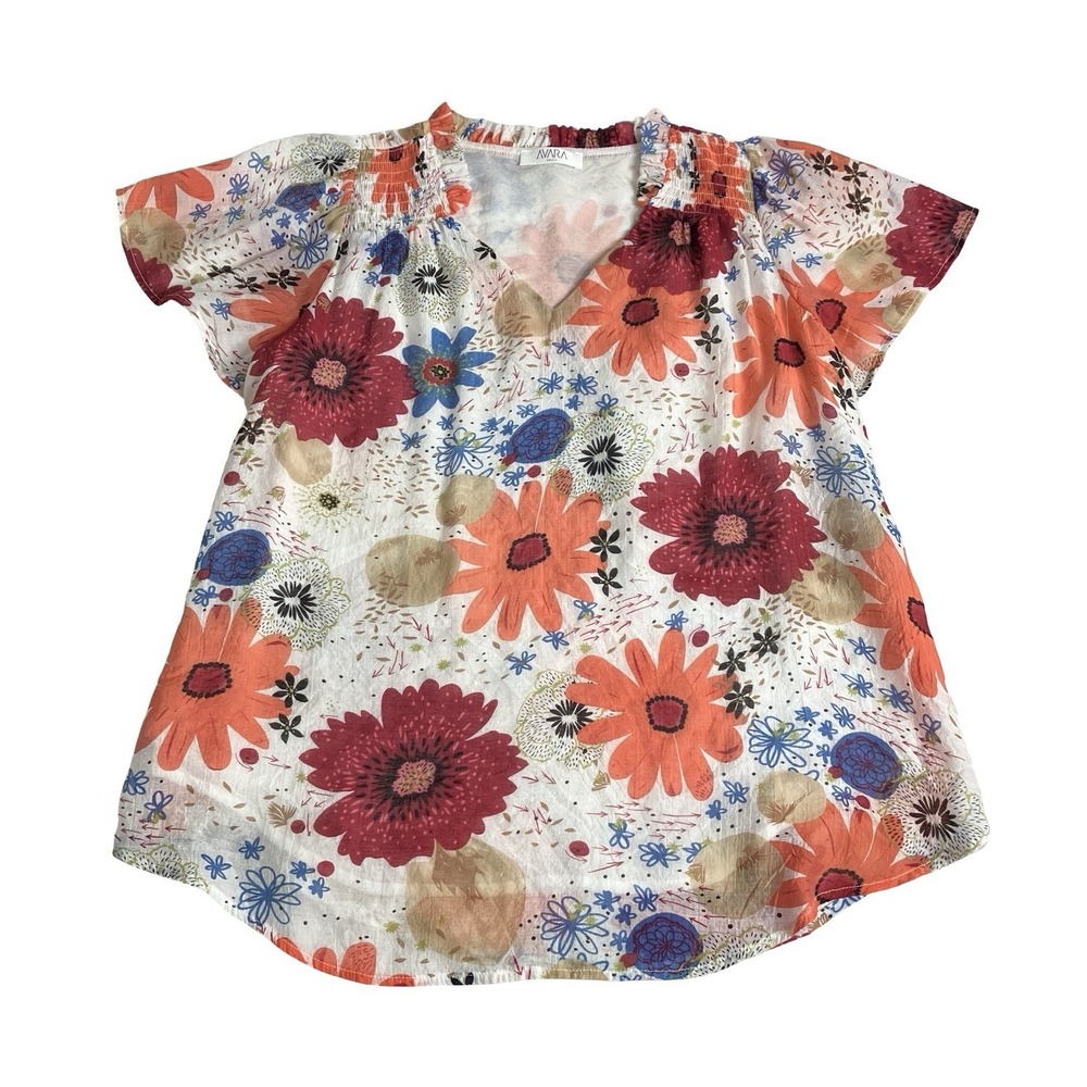 Avara Top Womens Small Floral Ruffle Split Neck Flutter Sleeve Boho Cottagecore